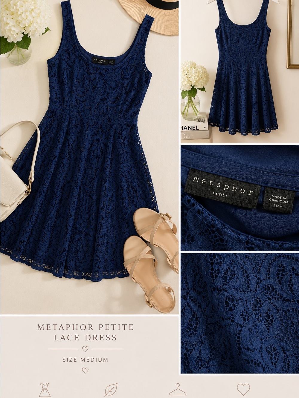 Metaphor Navy Blue Lace Fit-and-Flare Dress